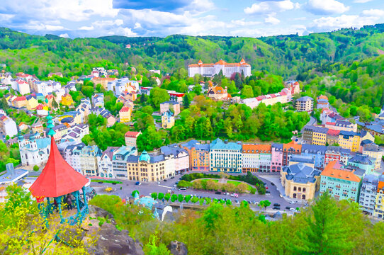Watercolor drawing of Karlovy Vary Karlsbad historical city centre top aerial view with colorful beautiful buildings, Slavkov Forest hills with green trees, West Bohemia, Czech Republic