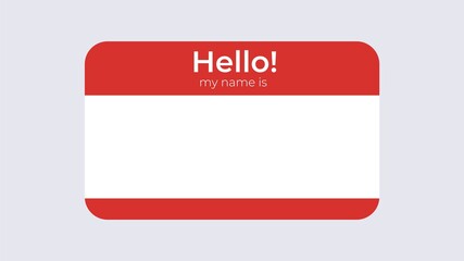 Hello badge name template. Business card identification with name of character attached red badge for presentation.