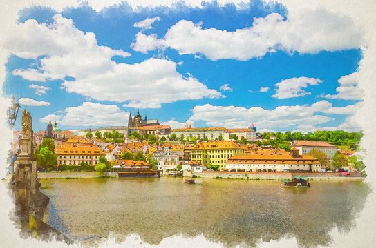 Watercolor drawing of View of Prague old town, historical center with Prague Castle, St. Vitus Cathedral, Charles Bridge Karluv Most over Vltava river, blue sky white clouds, Bohemia, Czech Republic
