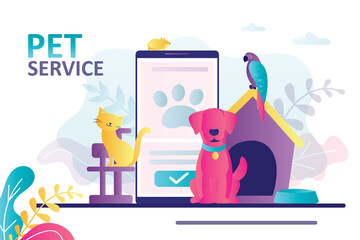 Animals sitting near mobile phone. Concept of pet service online and animal e-store. Bringing puppy to grooming, veterinary service