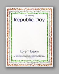 Poster with red, green, silver confetti, sparkles, glitter frame and space for text on white background. Vector illustration. Elements for Indian republic day.