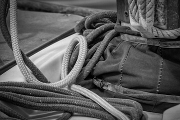Fototapeta na wymiar Ropes With Sail Cover in Black and White.