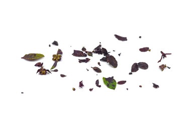 Fresh chopped red basil leaves isolated on white background. Spicy aromatic sliced raw basilic or ocimum herbs. 