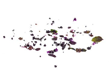 Fresh chopped red basil leaves isolated on white background. Spicy aromatic sliced raw basilic or ocimum herbs. 