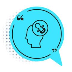 Black line Baby dummy pacifier icon isolated on white background. Toy of a child. Blue speech bubble symbol. Vector.