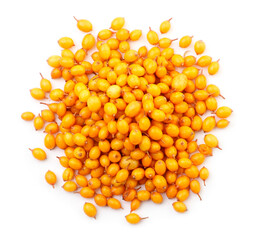 Sea buckthorn heap on white background, isolated. The view from top