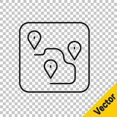 Black line Route location icon isolated on transparent background. Map pointer sign. Concept of path or road. GPS navigator. Vector.