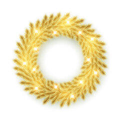 New year and Christmas Wreath. Gold pine branches wreath. Vector illustration