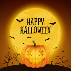 Happy Halloween Banner with Pumkin. Vector Glossy Cartoon Halloween Pumkin Lantern with Funny Face on Dark Night Cemetery Background. Front View. Design Template. Autumn Holidays, Halloween Concept