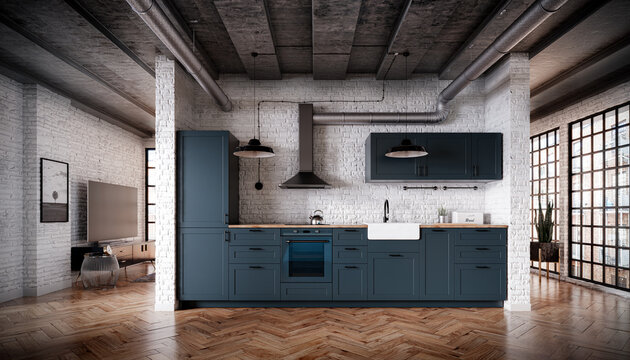 Scandinavian blue color open kitchen in a loft interior with a brick wall, parquet floor and a concrete ceiling