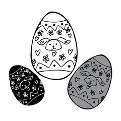 Isolated vector black and white set of cute easter eggs with lined ornament with bunny snout