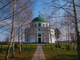 Lonely ukrainian church neal alley of birch trees