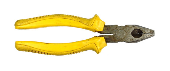 Old rusty pliers on white background.