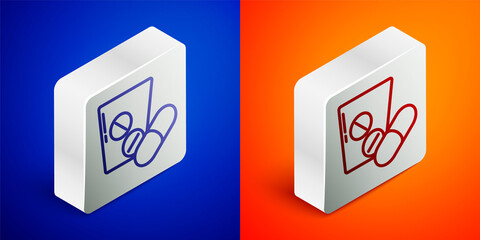 Isometric line Medicine pill or tablet icon isolated on blue and orange background. Capsule pill and drug sign. Pharmacy design. Silver square button. Vector.