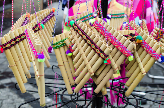 Paixiao or zampona ancient musical wind instrument on the street market, Wroclaw, Poland.