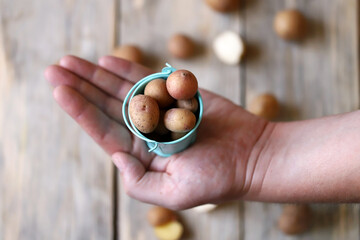 Selective focus. Mini potatoes in a small bucket. Eco friendly concept. Farm products.