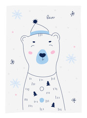 Cute doodle illustration with Bear. Beautiful hand drawn posters. Winter holidays flat illustrations