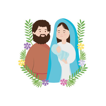 Nativity concept, Joseph and Virgin Mary around of decorative leaves and flowers, flat style