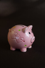 Pink piggy money box on dark background