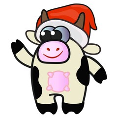 Cute, funny, cartoonish bull wearing a Santa hat. Symbol new year 2021. Happy Christmas flat vector illustration, Isolated on white background.