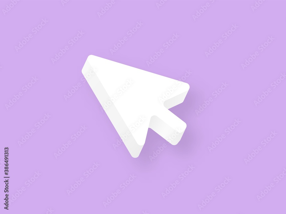 Poster mouse cursor white clay 3d. white arrow pointer on purple background computer technology help.