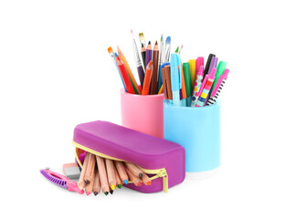 Fototapeta premium Set of colorful school stationery on white background