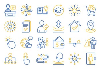 Artificial intelligence, Balance, Refer friend line icons. Continuing education, Methodology and Exhibitors icons. Swipe up, Elastic, Click here, Refer. Cross sell, Third party, Multichannel. Vector