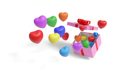 Colorful hearts coming out of a pink gift box with red bow isolated on a white background. 3d illustration.