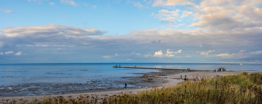 Beach hike in Laboe, Schleswig-Holstein, Germany, on a sunny autumn day