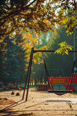 Fototapeta premium Swing in the Park.Autumn landscape with sunlight on the Playground natural environment in the Park during the day nature background