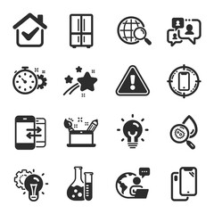 Set of Technology icons, such as Idea gear, Phone communication, Refrigerator symbols. Chemistry lab, Creativity concept, Support chat signs. Smartphone target, Cogwheel timer, Smartphone. Vector