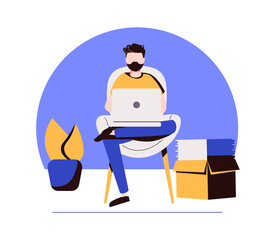 Young Business Man, Programmer, Creative Outsourced Employee Sitting on Chair Working on Laptop. Freelancer Work Remotely at Home or Coworking Place Using Smart Device. 