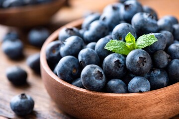 Blueberries in a wooden bowl, closeup view