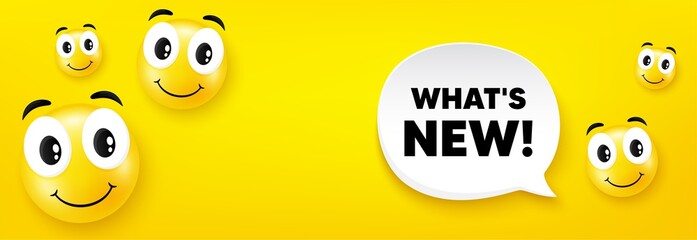 Fototapeta premium Whats new symbol. Smile face with speech bubble. Special offer sign. New arrivals symbol. Smile character. Whats new speech bubble icon. Yellow face background. Vector