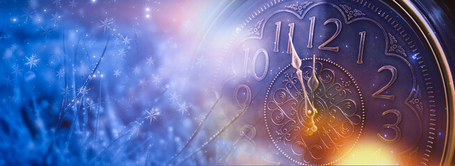 New Year banner with clock. Neon lights, holiday lights. Time shows 12 o'clock, New Year and...