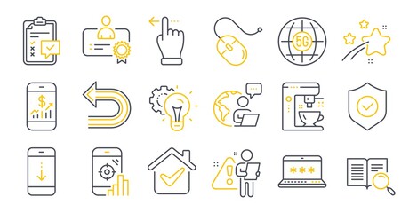 Set of Technology icons, such as 5g internet, Computer mouse, Seo phone symbols. Touchscreen gesture, Scroll down, Mobile finance signs. Coffee maker, Undo, Certificate. Security shield. Vector