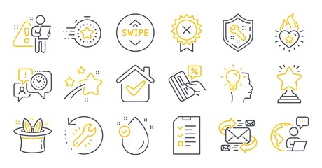 Fototapeta premium Set of Business icons, such as Interview, Swipe up, Timer symbols. Time management, Recovery tool, E-mail signs. Vitamin e, Spanner, Heart flame. Hat-trick, Reject medal, Winner. Idea. Vector