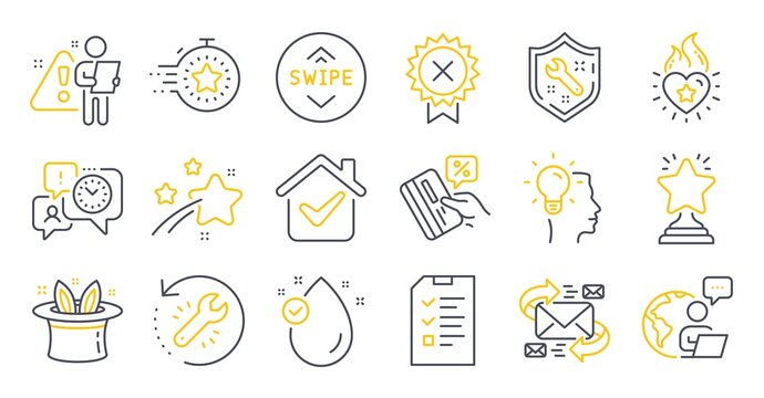 Set of Business icons, such as Interview, Swipe up, Timer symbols. Time management, Recovery tool, E-mail signs. Vitamin e, Spanner, Heart flame. Hat-trick, Reject medal, Winner. Idea. Vector