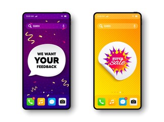Super sale banner. Phone mockup vector confetti banner. Discount sticker shape. Coupon bubble icon. Social story post template. We want your feedback speech buuble. Cell phone frame banner. Vector