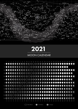 2021 moon phases calendar and equatorial star map vector