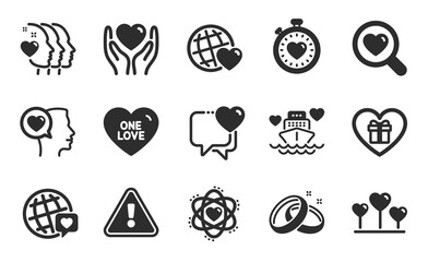 Search love, Romantic talk and One love icons simple set. Hold heart, Romantic gift and World brand signs. Heart, Friends couple and Heartbeat timer symbols. Flat icons set. Vector