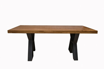 wooden lacquered table with black metal legs on white background 