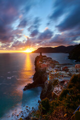 View of Vernazza at sunset in Cinque Terre, Italy