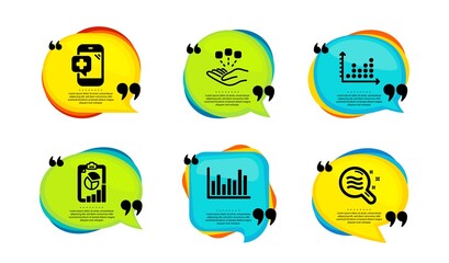 Report, Medical phone and Dot plot icons simple set. Speech bubble with quotes. Consolidation, Bar diagram and Skin condition signs. Presentation chart, Mobile medicine, Presentation graph. Vector