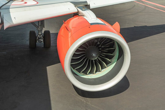 Red jet engine
Close-up of aircraft turbine

