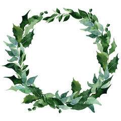 Fototapeta premium watercolor image of a Christmas wreath with spruce branches, red berries, cotton, template for greeting card