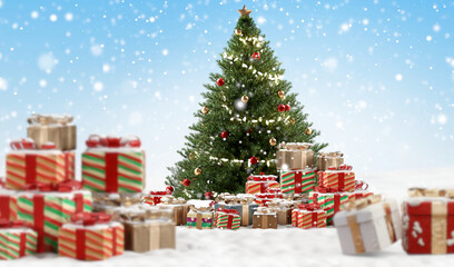christmas presents white snow and green fir background 3d-illustration