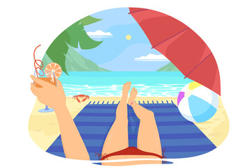 Girl on the beach sunbathing under an umbrella with a cocktail. Flat vector illustration.