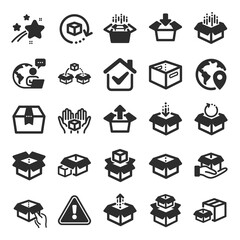 Box icons. Package, delivery boxes, cargo box. Cargo distribution, export boxes, return parcel icons. Shipment of goods, purchase container, open package. Logistics goods. Flat icon set. Vector