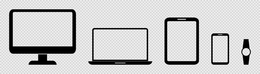 Desktop computer and laptop silhouette. Black smartphone and tablet icons. Isolated device screen on transparent background. Smart watch mockup with round screen. Cross platform devices template.